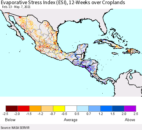 Mexico Central America and the Caribbean Evaporative Stress Index (ESI), 12-Weeks over Croplands Thematic Map For 5/3/2021 - 5/9/2021