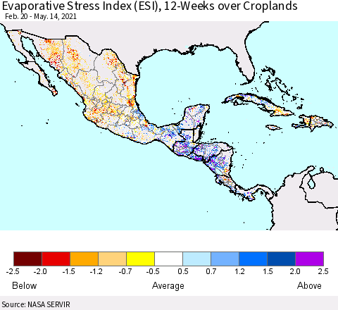 Mexico Central America and the Caribbean Evaporative Stress Index (ESI), 12-Weeks over Croplands Thematic Map For 5/10/2021 - 5/16/2021