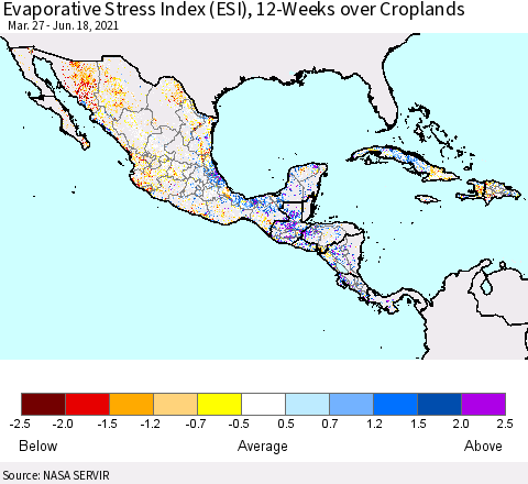 Mexico Central America and the Caribbean Evaporative Stress Index (ESI), 12-Weeks over Croplands Thematic Map For 6/14/2021 - 6/20/2021
