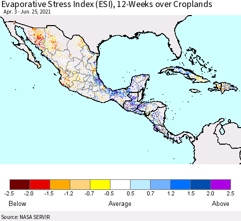 Mexico Central America and the Caribbean Evaporative Stress Index (ESI), 12-Weeks over Croplands Thematic Map For 6/21/2021 - 6/27/2021