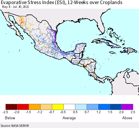 Mexico Central America and the Caribbean Evaporative Stress Index (ESI), 12-Weeks over Croplands Thematic Map For 7/26/2021 - 8/1/2021