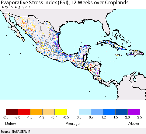 Mexico Central America and the Caribbean Evaporative Stress Index (ESI), 12-Weeks over Croplands Thematic Map For 8/2/2021 - 8/8/2021