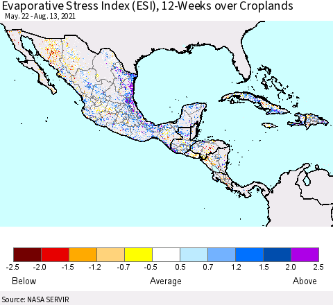 Mexico Central America and the Caribbean Evaporative Stress Index (ESI), 12-Weeks over Croplands Thematic Map For 8/9/2021 - 8/15/2021