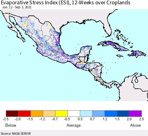 Mexico Central America and the Caribbean Evaporative Stress Index (ESI), 12-Weeks over Croplands Thematic Map For 8/30/2021 - 9/5/2021