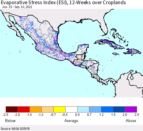 Mexico Central America and the Caribbean Evaporative Stress Index (ESI), 12-Weeks over Croplands Thematic Map For 9/6/2021 - 9/12/2021