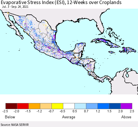 Mexico Central America and the Caribbean Evaporative Stress Index (ESI), 12-Weeks over Croplands Thematic Map For 9/20/2021 - 9/26/2021
