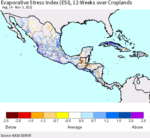 Mexico Central America and the Caribbean Evaporative Stress Index (ESI), 12-Weeks over Croplands Thematic Map For 11/1/2021 - 11/7/2021