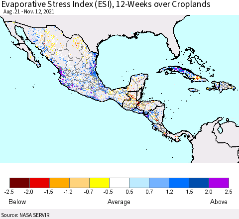 Mexico Central America and the Caribbean Evaporative Stress Index (ESI), 12-Weeks over Croplands Thematic Map For 11/8/2021 - 11/14/2021