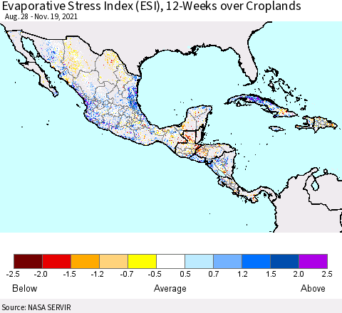 Mexico Central America and the Caribbean Evaporative Stress Index (ESI), 12-Weeks over Croplands Thematic Map For 11/15/2021 - 11/21/2021