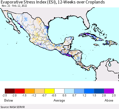 Mexico Central America and the Caribbean Evaporative Stress Index (ESI), 12-Weeks over Croplands Thematic Map For 2/7/2022 - 2/13/2022