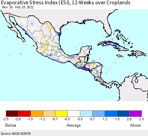 Mexico Central America and the Caribbean Evaporative Stress Index (ESI), 12-Weeks over Croplands Thematic Map For 2/14/2022 - 2/20/2022