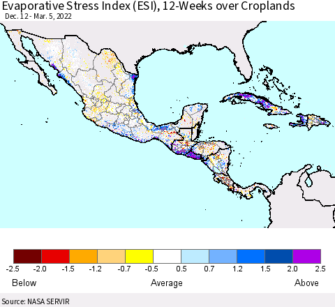 Mexico Central America and the Caribbean Evaporative Stress Index (ESI), 12-Weeks over Croplands Thematic Map For 2/28/2022 - 3/6/2022