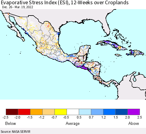 Mexico Central America and the Caribbean Evaporative Stress Index (ESI), 12-Weeks over Croplands Thematic Map For 3/14/2022 - 3/20/2022