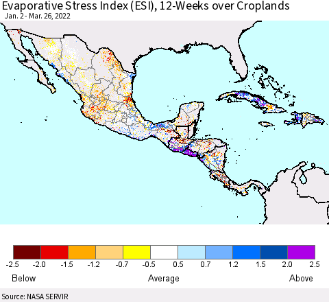 Mexico Central America and the Caribbean Evaporative Stress Index (ESI), 12-Weeks over Croplands Thematic Map For 3/21/2022 - 3/27/2022