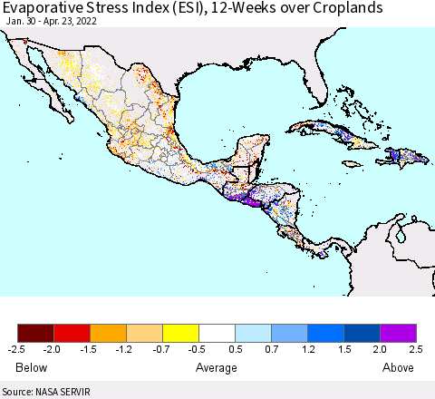 Mexico Central America and the Caribbean Evaporative Stress Index (ESI), 12-Weeks over Croplands Thematic Map For 4/18/2022 - 4/24/2022