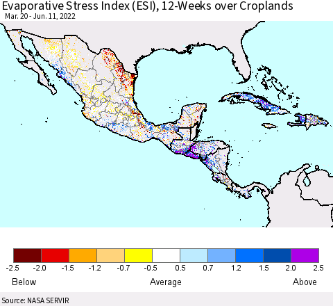 Mexico Central America and the Caribbean Evaporative Stress Index (ESI), 12-Weeks over Croplands Thematic Map For 6/6/2022 - 6/12/2022