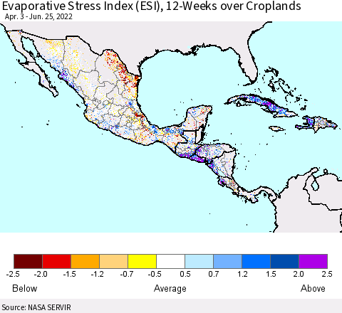 Mexico Central America and the Caribbean Evaporative Stress Index (ESI), 12-Weeks over Croplands Thematic Map For 6/20/2022 - 6/26/2022