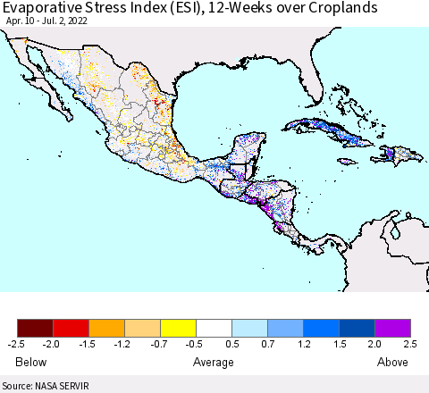Mexico Central America and the Caribbean Evaporative Stress Index (ESI), 12-Weeks over Croplands Thematic Map For 6/27/2022 - 7/3/2022