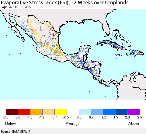 Mexico Central America and the Caribbean Evaporative Stress Index (ESI), 12-Weeks over Croplands Thematic Map For 7/11/2022 - 7/17/2022