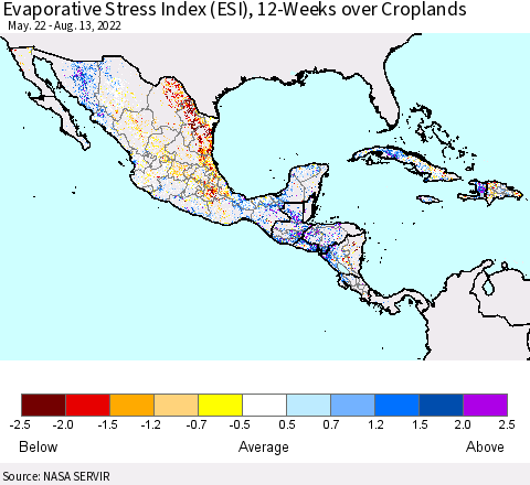 Mexico Central America and the Caribbean Evaporative Stress Index (ESI), 12-Weeks over Croplands Thematic Map For 8/8/2022 - 8/14/2022