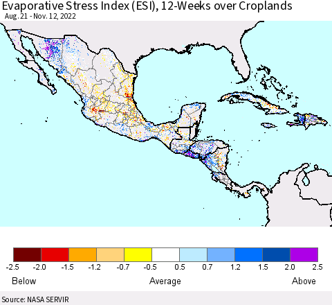 Mexico Central America and the Caribbean Evaporative Stress Index (ESI), 12-Weeks over Croplands Thematic Map For 11/7/2022 - 11/13/2022