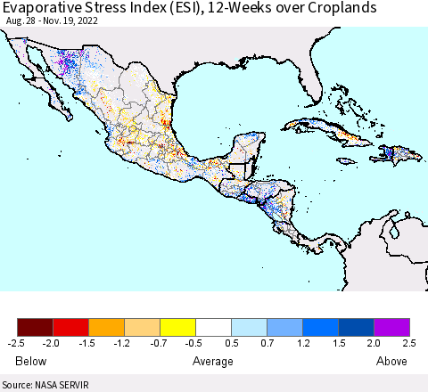 Mexico Central America and the Caribbean Evaporative Stress Index (ESI), 12-Weeks over Croplands Thematic Map For 11/14/2022 - 11/20/2022