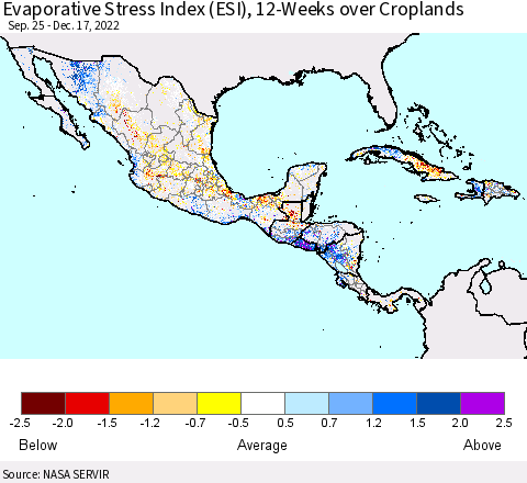 Mexico Central America and the Caribbean Evaporative Stress Index (ESI), 12-Weeks over Croplands Thematic Map For 12/12/2022 - 12/18/2022