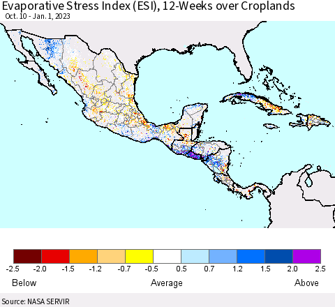 Mexico Central America and the Caribbean Evaporative Stress Index (ESI), 12-Weeks over Croplands Thematic Map For 12/26/2022 - 1/1/2023