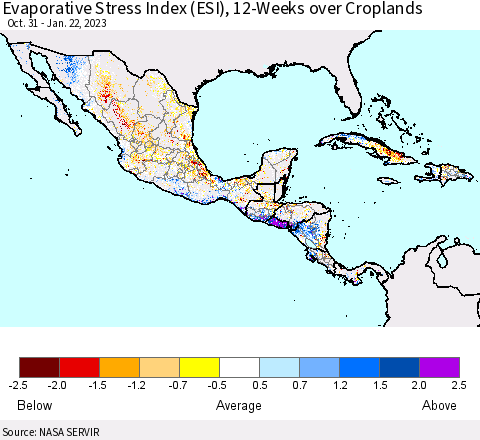 Mexico Central America and the Caribbean Evaporative Stress Index (ESI), 12-Weeks over Croplands Thematic Map For 1/16/2023 - 1/22/2023