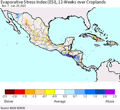 Mexico Central America and the Caribbean Evaporative Stress Index (ESI), 12-Weeks over Croplands Thematic Map For 1/23/2023 - 1/29/2023