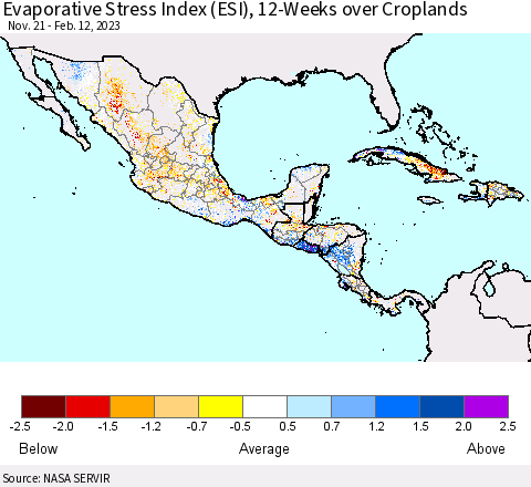 Mexico Central America and the Caribbean Evaporative Stress Index (ESI), 12-Weeks over Croplands Thematic Map For 2/6/2023 - 2/12/2023