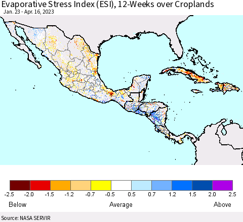 Mexico Central America and the Caribbean Evaporative Stress Index (ESI), 12-Weeks over Croplands Thematic Map For 4/10/2023 - 4/16/2023