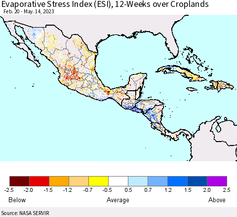 Mexico Central America and the Caribbean Evaporative Stress Index (ESI), 12-Weeks over Croplands Thematic Map For 5/8/2023 - 5/14/2023
