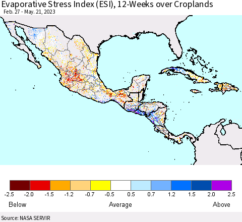 Mexico Central America and the Caribbean Evaporative Stress Index (ESI), 12-Weeks over Croplands Thematic Map For 5/15/2023 - 5/21/2023