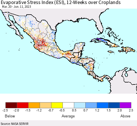 Mexico Central America and the Caribbean Evaporative Stress Index (ESI), 12-Weeks over Croplands Thematic Map For 6/5/2023 - 6/11/2023