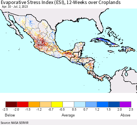 Mexico Central America and the Caribbean Evaporative Stress Index (ESI), 12-Weeks over Croplands Thematic Map For 6/26/2023 - 7/2/2023