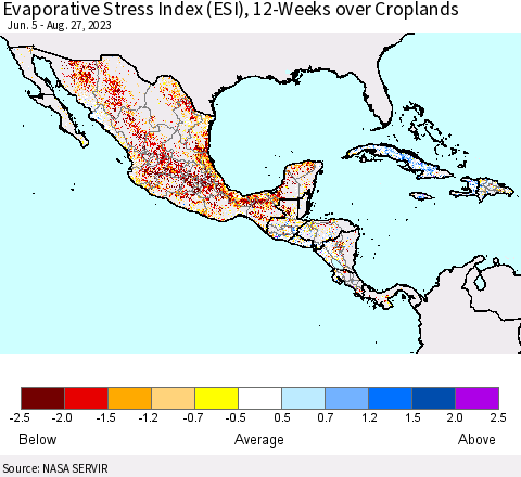 Mexico Central America and the Caribbean Evaporative Stress Index (ESI), 12-Weeks over Croplands Thematic Map For 8/21/2023 - 8/27/2023