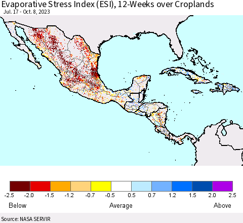 Mexico Central America and the Caribbean Evaporative Stress Index (ESI), 12-Weeks over Croplands Thematic Map For 10/2/2023 - 10/8/2023