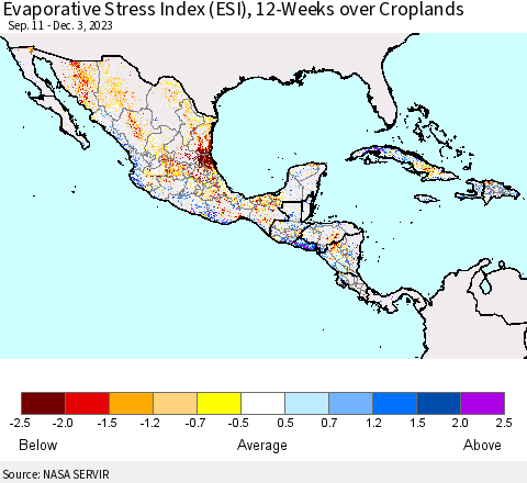 Mexico Central America and the Caribbean Evaporative Stress Index (ESI), 12-Weeks over Croplands Thematic Map For 11/27/2023 - 12/3/2023