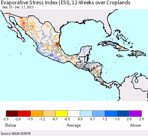 Mexico Central America and the Caribbean Evaporative Stress Index (ESI), 12-Weeks over Croplands Thematic Map For 12/11/2023 - 12/17/2023