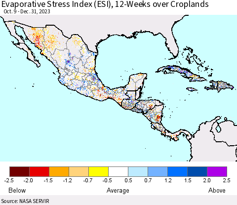Mexico Central America and the Caribbean Evaporative Stress Index (ESI), 12-Weeks over Croplands Thematic Map For 1/1/2024 - 1/7/2024