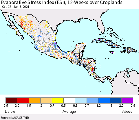 Mexico Central America and the Caribbean Evaporative Stress Index (ESI), 12-Weeks over Croplands Thematic Map For 1/8/2024 - 1/14/2024