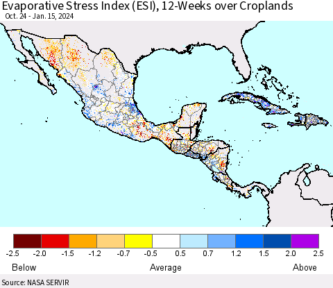 Mexico Central America and the Caribbean Evaporative Stress Index (ESI), 12-Weeks over Croplands Thematic Map For 1/15/2024 - 1/21/2024