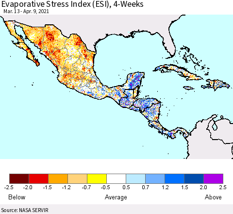 Mexico Central America and the Caribbean Evaporative Stress Index (ESI), 4-Weeks Thematic Map For 4/5/2021 - 4/11/2021