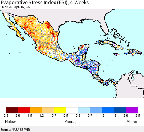 Mexico Central America and the Caribbean Evaporative Stress Index (ESI), 4-Weeks Thematic Map For 4/12/2021 - 4/18/2021