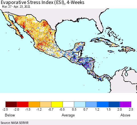 Mexico Central America and the Caribbean Evaporative Stress Index (ESI), 4-Weeks Thematic Map For 4/19/2021 - 4/25/2021