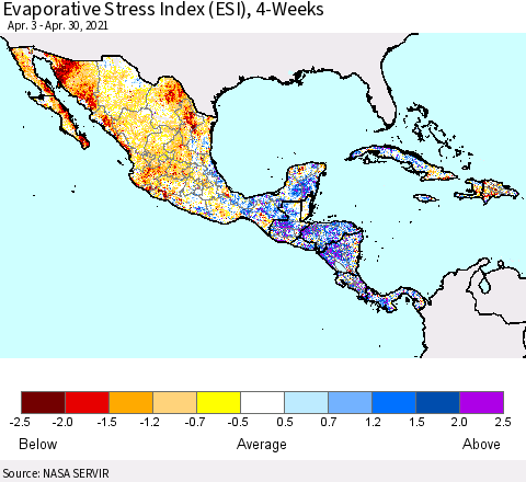 Mexico Central America and the Caribbean Evaporative Stress Index (ESI), 4-Weeks Thematic Map For 4/26/2021 - 5/2/2021