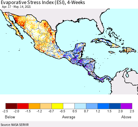 Mexico Central America and the Caribbean Evaporative Stress Index (ESI), 4-Weeks Thematic Map For 5/10/2021 - 5/16/2021