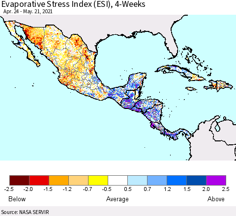 Mexico Central America and the Caribbean Evaporative Stress Index (ESI), 4-Weeks Thematic Map For 5/17/2021 - 5/23/2021