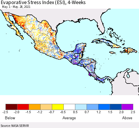 Mexico Central America and the Caribbean Evaporative Stress Index (ESI), 4-Weeks Thematic Map For 5/24/2021 - 5/30/2021